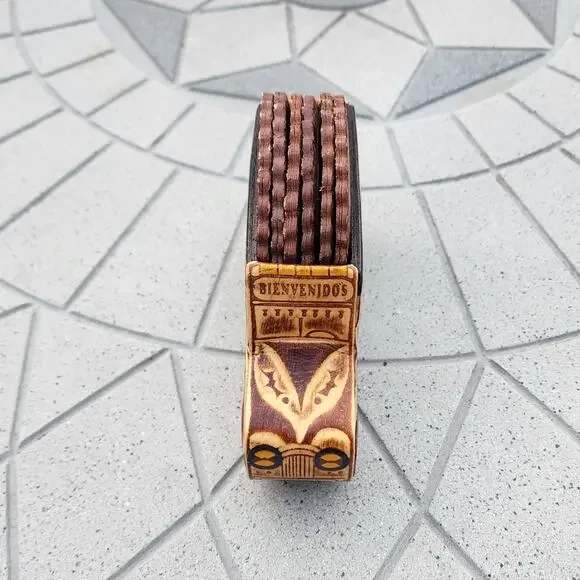 Colombia Folk Art Handcrafted Leather Bus Scalloped Coaster Holder Souvenir - Picture 5 of 11